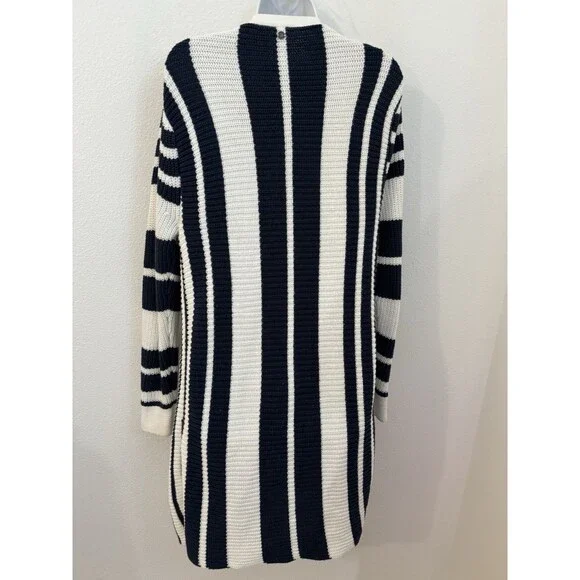 Roxy Cardigan Sweater Women's Navy Blue White Striped Classic M Long Line Cotton - Picture 3 of 9